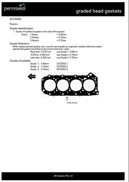 Permaseal Head Gasket For Nissan Patrol GU ZD30 3.0L CRD 2007 Onwards 1 Notch Grade 1 0.65mm